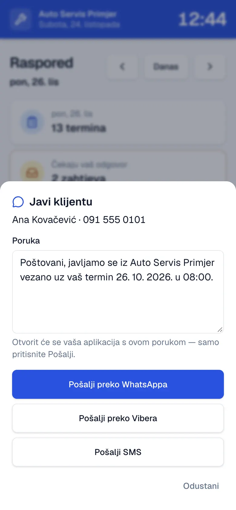 Prozor Javi klijentu s pripremljenom porukom i gumbima Pošalji preko WhatsAppa, Vibera ili SMS-om