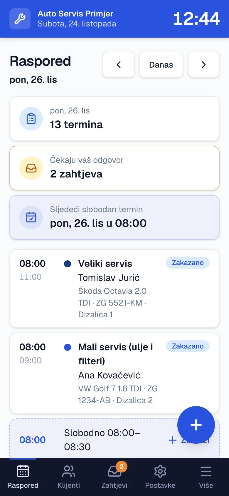 Raspored autoservisa na mobitelu: 13 termina za ponedjeljak, 2 zahtjeva čekaju odgovor i popis termina po satima