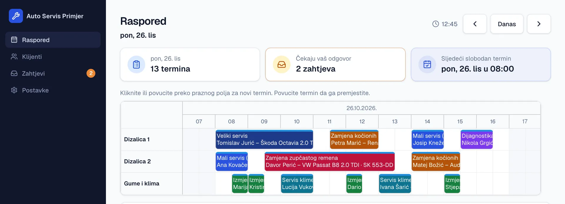 Dnevni raspored na računalu: tri radna mjesta (Dizalica 1, Dizalica 2, Gume i klima) s terminima obojenima po usluzi