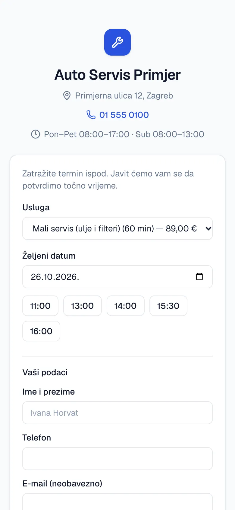 Javna stranica za narudžbe na mobitelu: odabrana usluga Mali servis, datum i slobodna vremena 11:00, 13:00, 14:00, 15:30 i 16:00